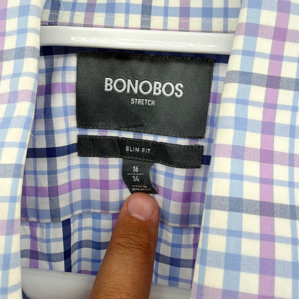 Bonobos Stretch Slim Fit Dress Shirt Plaid Check Purple Blue 16 x 34 Mens - Picture 4 of 7